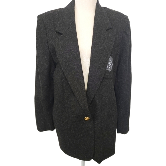 Vintage 90s Jonathan Logan Wool Blazer Padded Shoulders Long Length 14 Grey EUC - Picture 1 of 13